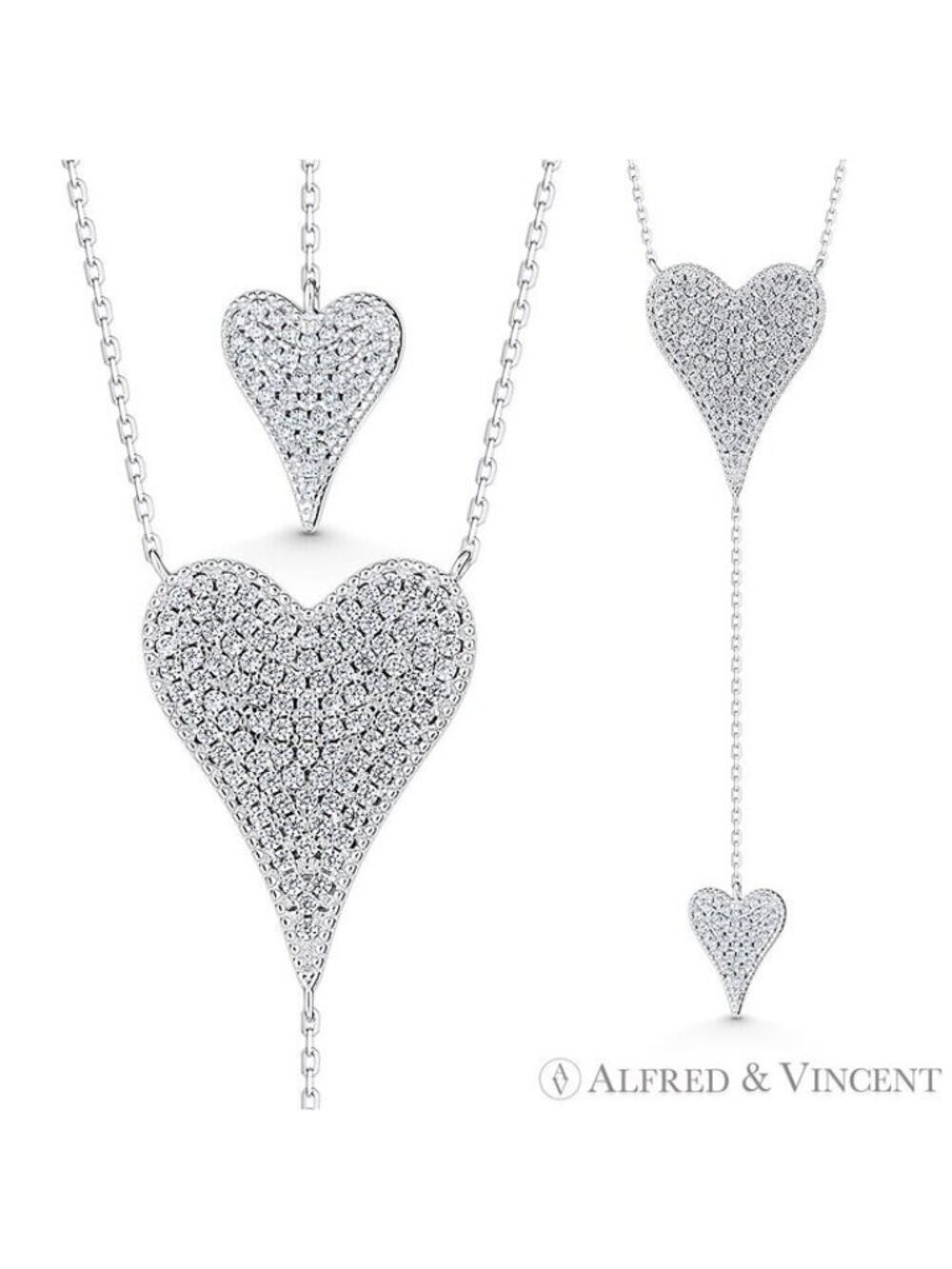 Large Heart & Small Drop-Heart CZ Crystal Pave Necklace in .925 Sterling Silver